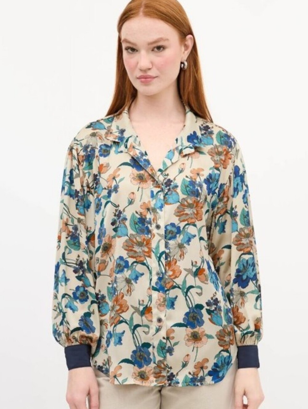 Smythe Cream Satin Button Down Blouse with Multicolor Floral Pattern Print. S.